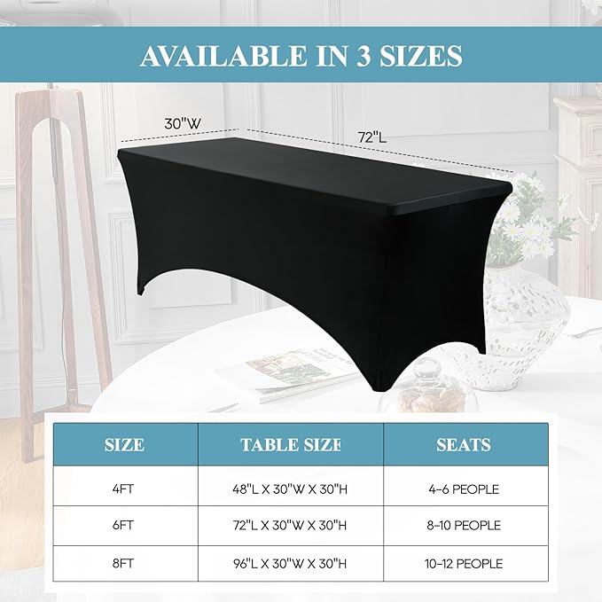 VidaFete Spandex Tablecloth 6 Pack 6FT, Fitted Stretch Table Cover for Rectangle Tables, Wrinkle Resistant and Washable Tablecloths for Outdoor, Picnic, Party, Wedding, Banquet, Birthday, Black