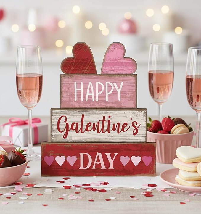 5 Pcs Happy Galentines Day Decorations Wooden Hearts Table Centerpiece Happy Galentines Day Party Table Sign for Valentines Tiered Tray Desk Mantle Shelf Decor