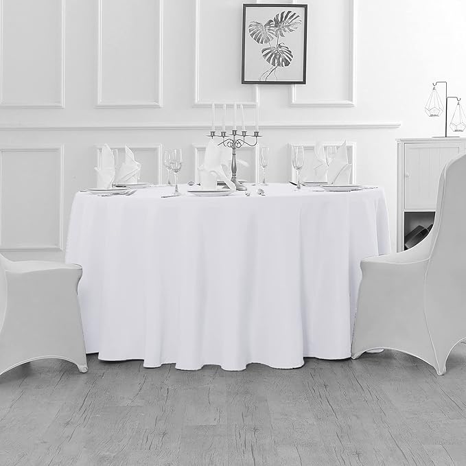 Fokitut 2 Pack Waterproof Round Tablecloth, 60 Inch, Stain Resistant and Wrinkle Polyester Table Cloth, Fabric Table Cover for Kitchen Dining, Wedding, Party, Holiday Dinner-White
