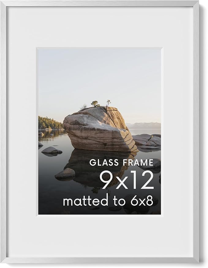 HAUS AND HUES 9x12 Picture Frame with Real Glass & Silver Premium-Grade Metal Matted to 6x8 - Aluminum Frame - Includes Hanging Kit - Ideal for Home, Office (9x12 in, Silver)