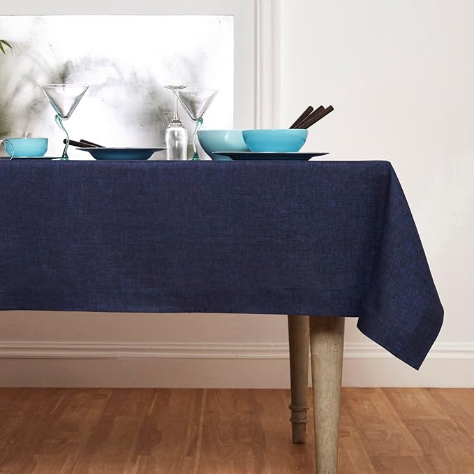 Solino Home Linen Tablecloth 60 x 90 Inch - 100% Pure Linen Chambray Navy Table Cloth for Rectangle Tables - Athena, Machine Washable Tablecloth for Winter, Spring