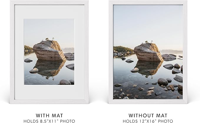 Haus and Hues 12x16 Picture Frame with Real Glass and White American Oak Matted to 8.5x11 - Oak 12x16 Frame White - Includes Vertical & Horizontal Hang - Ideal for Home, Room, Office (12x16 in, White)