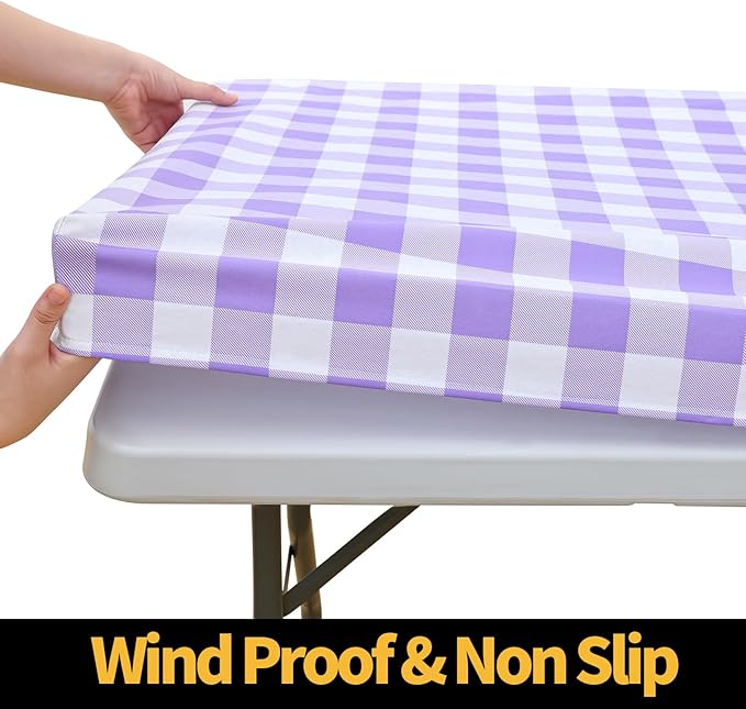 Smiry Rectangle Picnic Table Cloth, Elastic Waterproof Fitted Vinyl Tablecloths, Flannel Backed Buffalo Plaid Table Covers for Dining, Camping, Outdoor (White and Purple, 30" x 96")