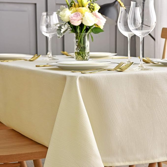maxmill Jacquard Table Cloth Swirl Design Water Proof Wrinkle Free Heavy Weight Soft Tablecloth Decorative Fabric Table Cover for Outdoor and Indoor Use Square 60 x 60 Inch Ivory