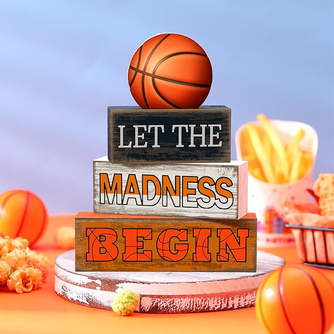 4 Pcs Basketball Wooden Table Decorations Basketball Tiered Tray Decor Birthday Party Table Centerpieces Rustic Wood Block Sign Gift Centerpiece for Birthday Baby Shower Shelf Room Party