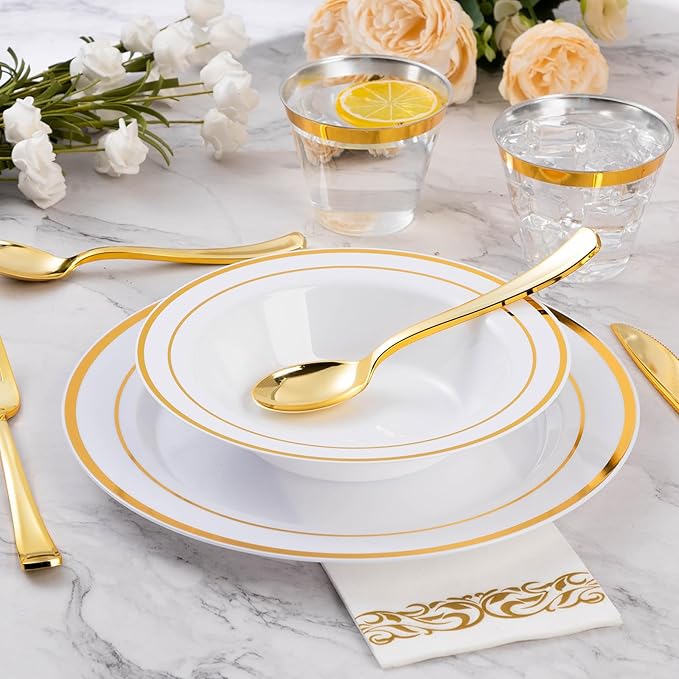 Goodluck 50 Pack Plastic Bowls with Gold Rim, 12oz Disposable Soup Bowls, Heavy Duty Dessert Bowls for Weddings, Parties, Dinners, Catering, Thanksgiving and Everyday Use