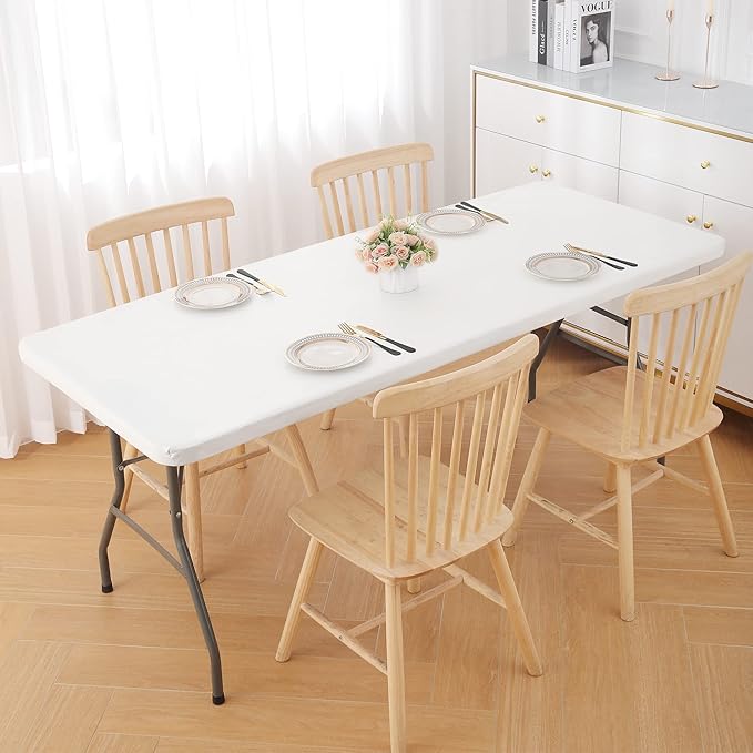 Smiry Rectangle Tablecloth, Elastic Fitted Flannel Backed Vinyl Tablecloths for 4ft Folding Tables, Waterproof Wipeable Table Covers for Indoor, Outdoor, Picnic and Camping (White, 30"x48")