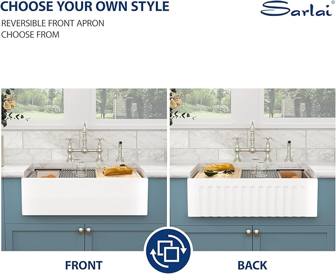 Sarlai 30 White Farmhouse Kitchen Sink - 30x20 Inch Farm Kitchen Sink Reversible Design Ledge Workstation White Ceramic Porcelain Fireclay Farmer Sinks 10" Inch Deep Single Bowl Basin