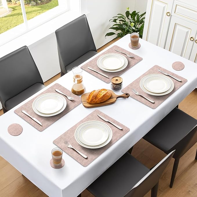 MOSAYT Faux Leather Placemats Set of 4, Heat Resistant Vinyl Place Mats with Coasters, Wipeable Washable Waterproof Oil Proof Table Mats for Kitchen Dining Indoor Outdoor, 12" x 17", Pink