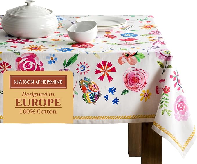 Maison d' Hermine Table Cloth Rectangle Table 100% Cotton 70 x 108 Inches Tablecloth Reusable Decorative for Dining Room Farmhouse Home Valentines Day Decorations Spring Summer- Happy Florals - Sweety