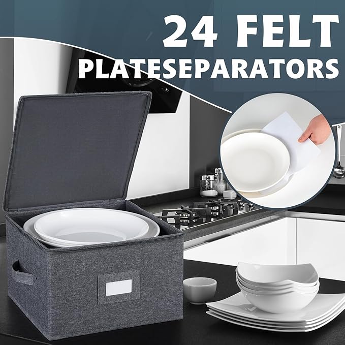 China Storage Containers Hard Shell Inside 13" W x 8" H, Charger Plate Storage Containers for Dishes, Dinnerware with 24 Felt Dividers, Hold 24 Plates, Stackable (2 Pack Grey)