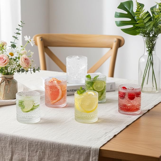 Moretoes Cocktail Glasses 10 oz Hobnail Drinking Glasses Set of 6, Vintage Glassware, Textured Glass Cups Bubble Glasses Water Glasses Old Fashion Jupiter Glasses Set (Clear)