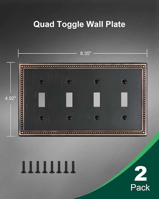 2-Pack Quad Toggle Light Switch Cover Plate, 4 Gang Metal Switch Plate Covers, Aged Bronze Pearls Decorative Wall Plate, Corrosion Resistant