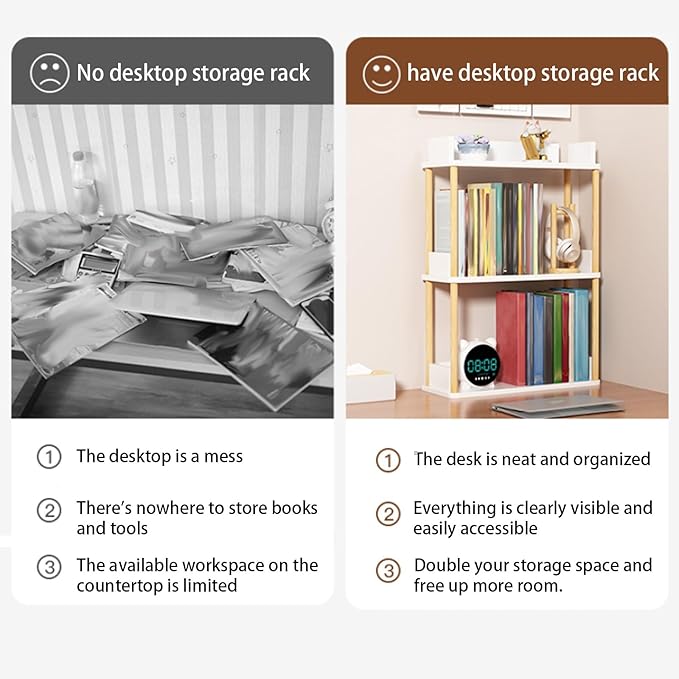 Desktop Organizer Shelf, Multi Tier Wood Tabletop Bookshelf, Space Saving Countertop Storage Rack for Office, Bedroom, Living Room(Warm White,15.7 * 7.8 * 14.5in)
