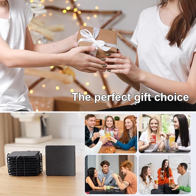 Slate Coasters Set of 72,4-Inch Black Square Stone Drink Coasters with Scratch-Resistant Backing,Durable Tabletop Protection for Home Office Kitchen,Ideal Housewarming Wedding Gifts