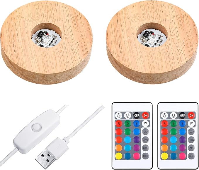 2 Pcs Light LED Base Wood LED Display Base for Glass Art Valentine Decor Crystal Acrylic Resin, 16 Colored USB Light with Remote Wooden Round Lamp Stand for 3D Crystal Ball Room Home Decor(Wood Color)