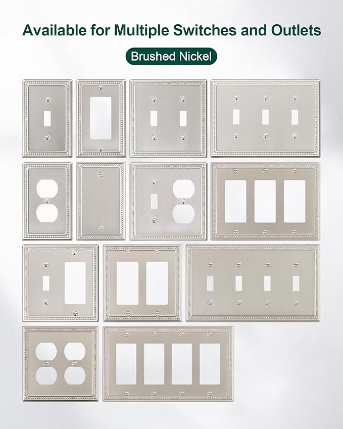 2-Pack Quad Toggle Light Switch Cover Plate, 4 Gang Metal Switch Plate Covers, Brushed Nickel Pearls Decorative Wall Plate, Corrosion Resistant