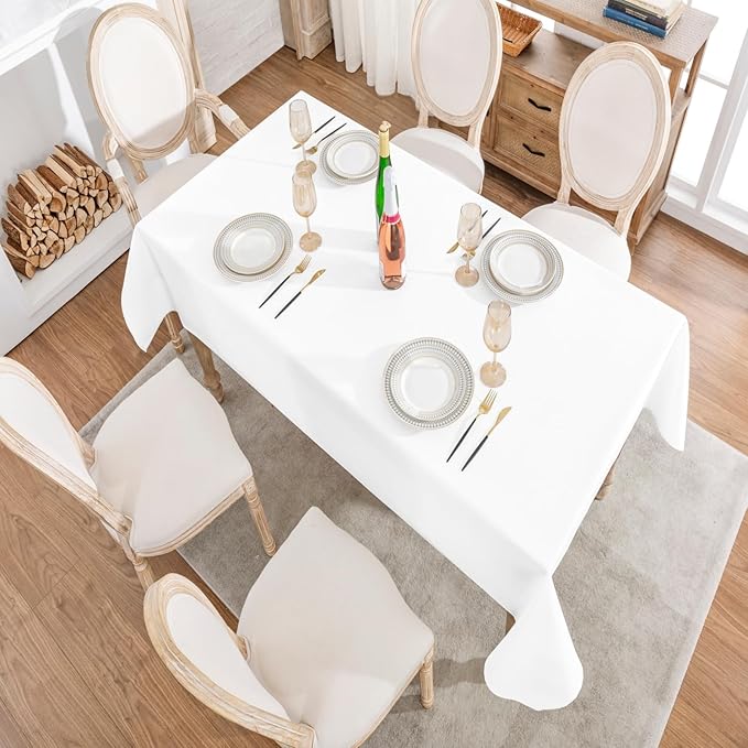 Rectangle 4 Feet Tablecloth 52x70 inch Linen Textured Table Cloth Stain and Wrinkle Resistant Washable Polyester, Decorative Table Cover Waterproof for Dining, Buffet and Camping, White