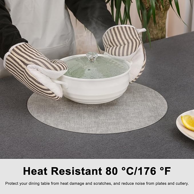 Myir JUN Reversible Vinyl Round Placemats Set of 8, Faux Leather Place Mats Dual Sided Waterproof Wipeable, Heat-Resistant Table Mats for Kitchen Dining Indoor Outdoor (14", Light Gray Cream-White)