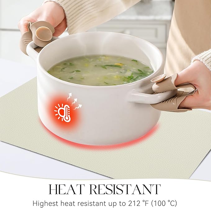 MOSAYT Vinyl Placemats Set of 6, Heat Resistant Place Mats 100% Waterproof Washable & Wipeable Faux Leather Reversible Table Mats for Kitchen Dining Party Indoor Outdoor, 12" x 17", Beige
