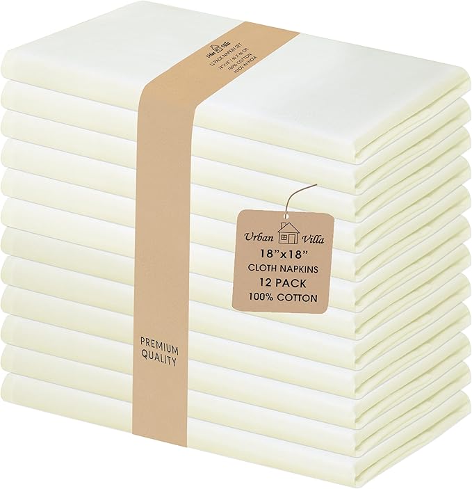 Urban Villa Cloth Napkins Ivory Dinner Napkins Set of 12 (18X18 Inches) 100% Cotton Absorbent Washable Durable Reusable Cloth Napkins Ideal for Farmhouse Party Thanksgiving Harvest Fall Dinner Napkins