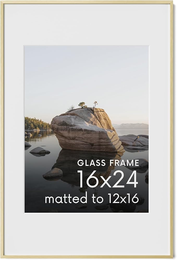 HAUS AND HUES 16x24 Picture Frame with Real Glass & Gold Premium-Grade Metal Matted to 12x16 - Aluminum 16x24 Frame - Includes Hanging Kit - Ideal for Home, Office (16x24 in, Gold)