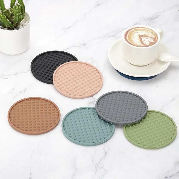 uxcell Set of 6 Round Drink Coasters with Holder, 4" Silicone Coaster for Drinks Non-Slip Cup Coaster Heat Resistant Glass Cushion for Bar Kitchen Office Decor, Beige(Pentagon)