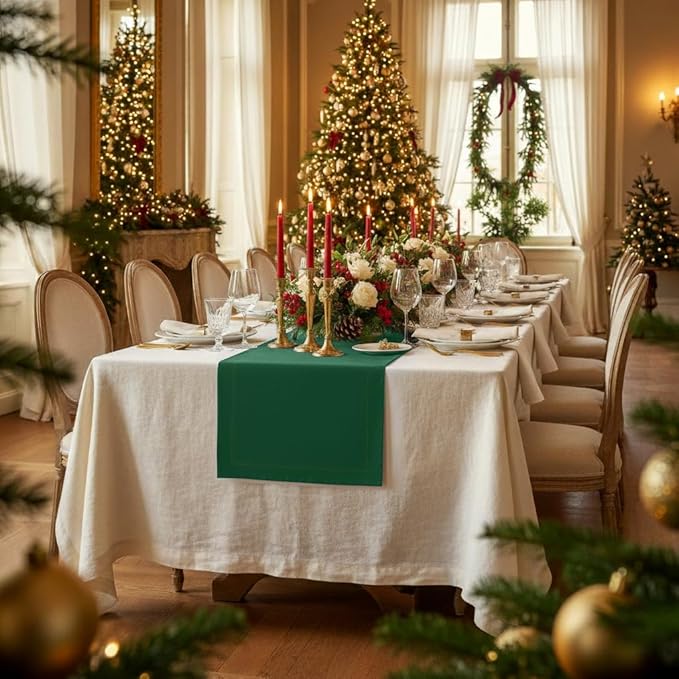 D'Moksha Homes Linen Table Runner 60 Inches - 100% Pure Linen Forest Green Table Runner 14 x 60 Inch for Coffee Tables, Dresser, St Patricks Day, Easter - Machine Washable