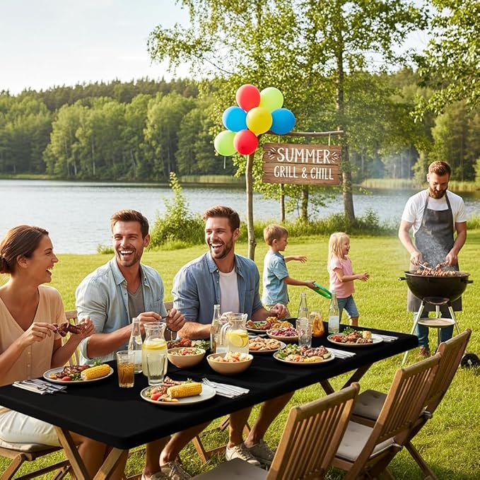Smiry Rectangle Picnic Table Cloth, Waterproof Elastic Fitted Tablecloths for 5 Foot Tables, Washable Polyester Table Cover for Camping, Outdoor and Indoor (Black, 30"x60")