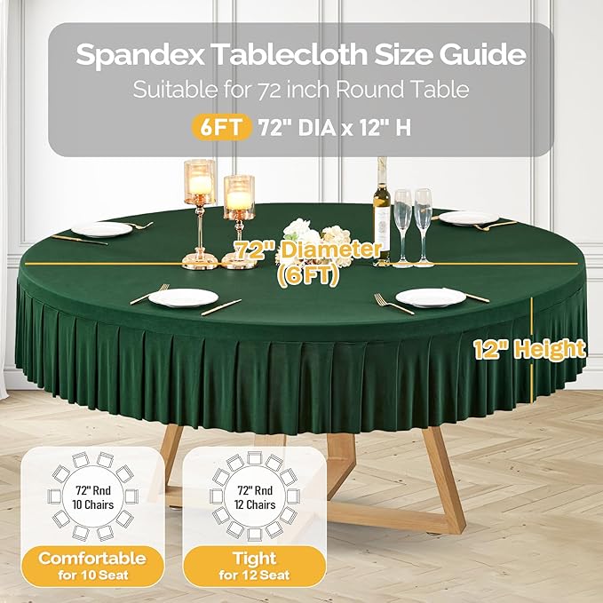 8 Pack Hunter Green Spandex Round Tablecloths for 72in Table, Stretchy Fitted 6FT Round Table Cloths, Wrinkle Free Table Cover with Skirt for Wedding Birthday Party Bridal Shower Banquet