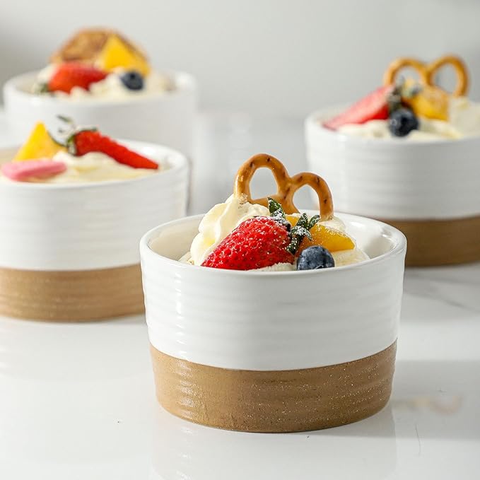 Ramekins 8 OZ for Creme Brulee Oven Safe,Ceramic Souffle Cups Set of 6,Small Dipping Sauce Cups for Charcuterie,Dessert,Dipping Sauce,Custard and Pudding,Microwave & Oven Safe,Patchwork White