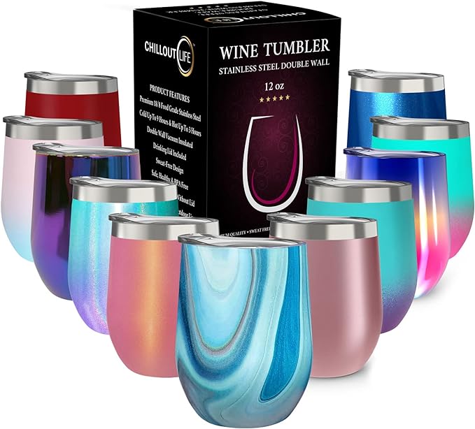 CHILLOUT LIFE 12 oz Stainless Steel Wine Tumbler with Lid - Double Wall Vacuum Insulated Wine Cup Glass Keeping Cold & Hot for Coffee, Champagne, Cocktails, Ice Cream