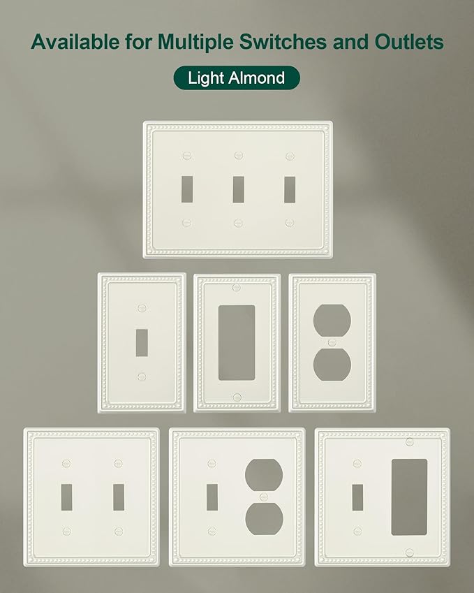 2-Pack Triple Toggle Light Switch Cover Plate, Pearls Decorative Switch Plate Covers, Light Almond 3 Gang Metal Wall Plate, Corrosion Resistant
