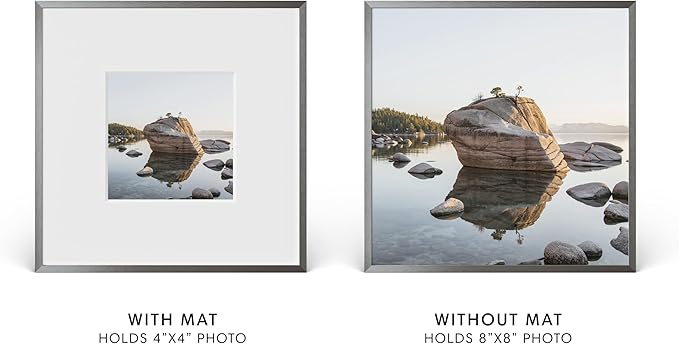 HAUS AND HUES 8x8 Picture Frame with Real Glass & Gray Premium-Grade Metal Matted to 4x4 - Aluminum 8x8 Inch Frame - Includes Easel Back, Hanging Kit - Ideal for Home, Office (8x8 in, Gray)