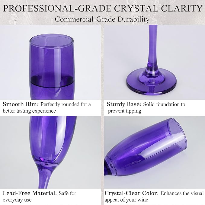 Champagne Flutes Glasses Set of 6-6oz Elegant Purple Glass, Unique Purple Colored Long Stem Champagne Flute Gift for Wedding, Anniversaries, Parties, Birthday, Restaurant, Home Bar