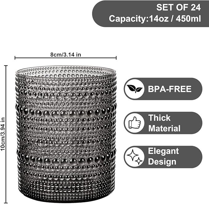 YOUBET 24PCS Plastic Drinking Glasses - 14OZ Black Hobnail Drinkware Glasses - Vintage Glassware Textured Beaded Cups for Water, Beer, Whiskey, Juice and Various Mixed Drinks for Party