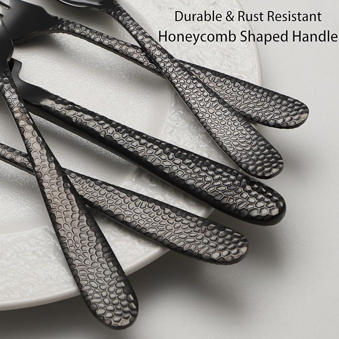 Black Hammered Silverware Set, 20 Piece Stainless Steel Heavy Duty Flatware Set for 4, Food-Grade Tableware Cutlery Set for Home Restaurant, Mirror Polished, Dishwasher Safe