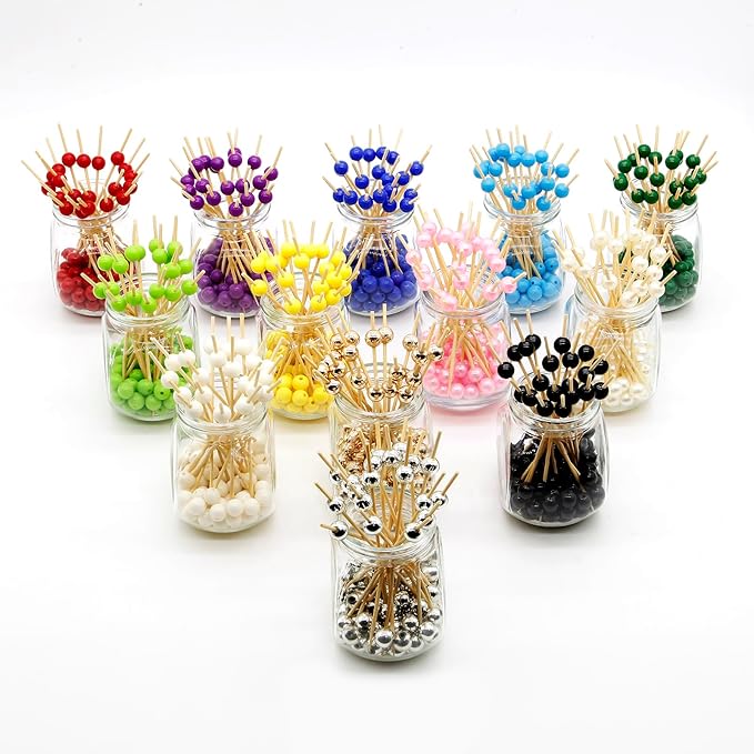 Minisland Red Pearl Cocktail Picks, 4.7 Inch Long Bamboo Fancy Toothpicks for Appetizers, Decorative Valentines Christmas Holiday Party Food Drink Garnish Fruit Kabob Skewer Sticks 100 Counts -MSL155