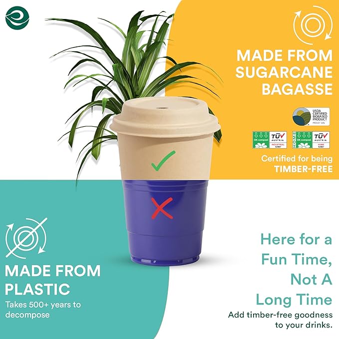 ECO SOUL 50 Pack 16 oz Disposable Coffee Cups with Lids & Sleeves Eco-Friendly, Biodegradable, Compostable, Leak-free & Sturdy To Go Hot Drink Cup for Tea, Chocolate Party Travel Cafe Office & Home