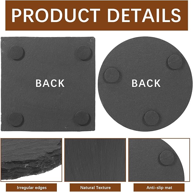 48pcs Slate Coasters, Black 4 Inch Bulk Blank Rock Coasters Blank Laser Engraving, Hand Painted DIY, Scratch Resistant Bottom (24*Square+24*Round)