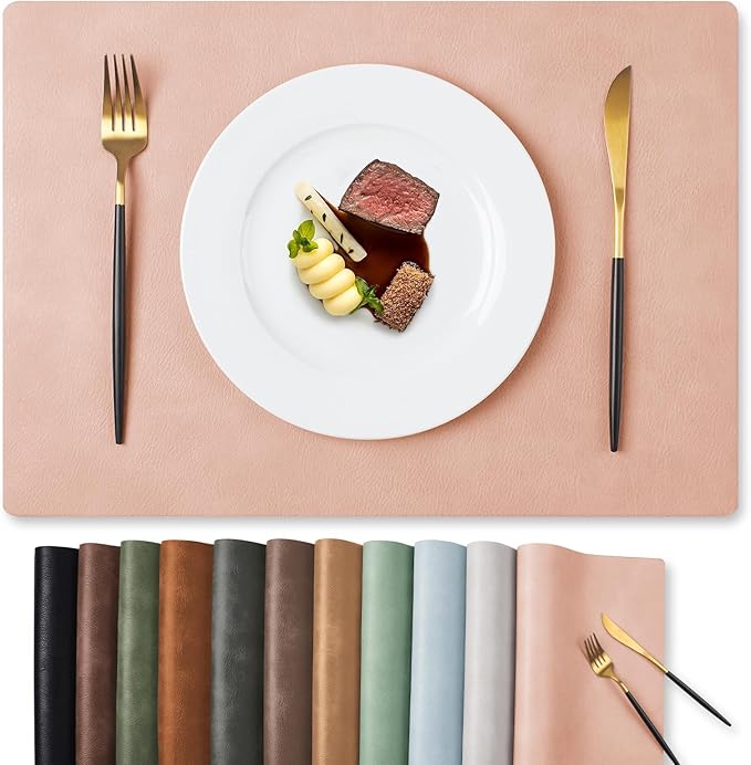 MOSAYT Vinyl Placemats Set of 8-12 X 17 Inch - Faux Leather 100% Waterproof Oil-Proof Wipeable PU Place Mats, Heat Resistant Reversible Table Mats for Kitchen, Dining, Outdoor (Pink)