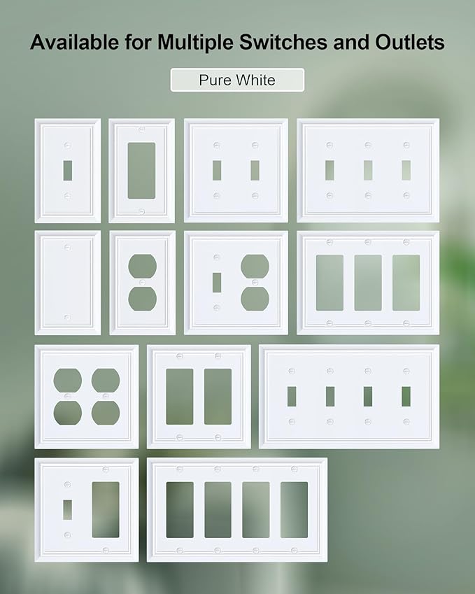 6-Pack Decorator Wall Plate Cover, Pure White Decorative Switch Plates and Outlet Covers, Durable Natural Bamboo Fiber Wall Plates for Electrical Outlets, Receptacle, GFCI Outlet, Dimmer Switch