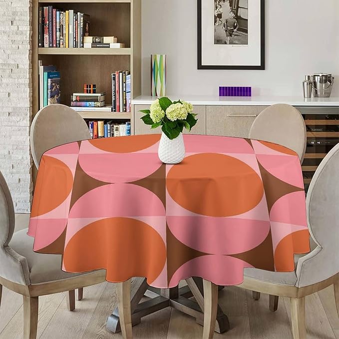 Mid Century Round Tablecloth, Abstract Retro 50s 60s Style Geometric Print Tablecloth for Home Party Dining Room Kitchen Decorm 70Inch(178cm)