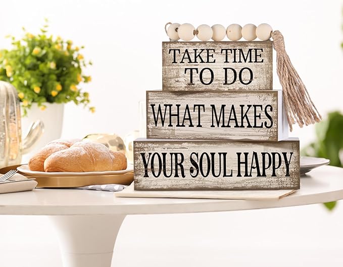4 Pcs Farmhouse Tabletop Decoration Inspirational Farmhouse Tiered Tray Decor Rustic Retro Wood Bead Garland Take Time to Do What Makes Your Soul Happy Block Centerpiece Sign for Home Shelf