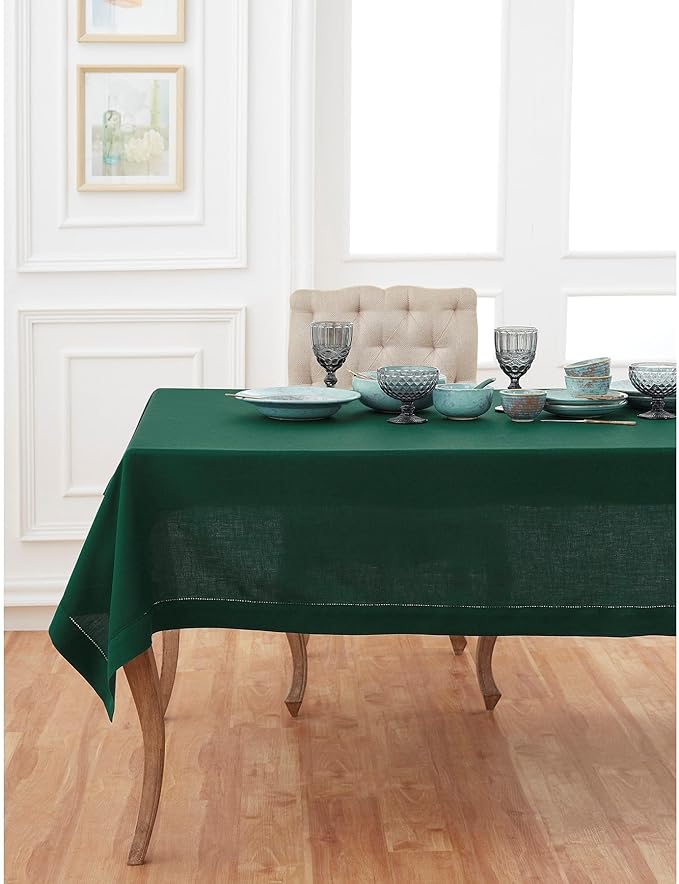 Solino Home Linen Tablecloth for Rectangle Tables 60 x 132 Inch - Classic Hemstitch 100% Pure Linen Rainforest Green Table Cloth - Machine Washable Cloth Tablecloth for Winter, St Patricks Day