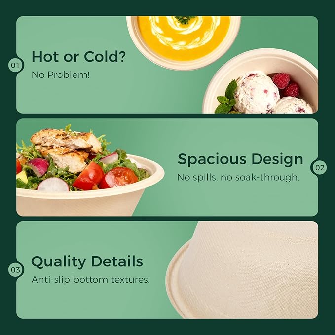 Heavy Duty 48 OZ [50 Pack] Disposable Bowls - 100% Sugarcane Fiber, Microwave Safe - Large Compostable Paper Bowls for Soup, Salad, Ramen, Popcorn