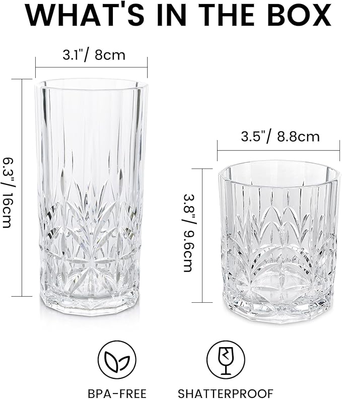 BELLAFORTE Shatterproof Tritan Plastic Drinking Glasses. 13oz & 18oz Water Glasses Set of 8 - Myrtle Beach Glasses Drinking - Unbreakable Tumblers for Parties - BPA Free, Dishwasher Safe (Clear)