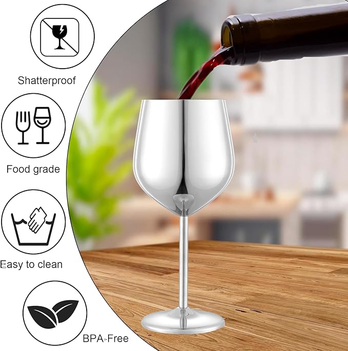 Stainless Steel Wine Glasses Set of 2, 18 oz Unbreakable Silver Wine Glass Unique Metal Wine Goblets for Outdoor Capming and Pool Gift for Wine Lovers