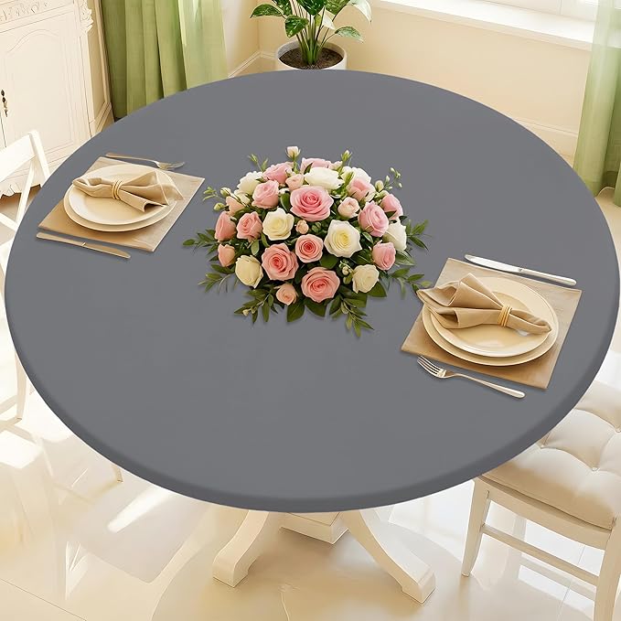 Round Spandex Tablecloth, Elastic Fitted Waterproof Tablecloths for 57"-68" Tables, Stretch Washable Picnic Table Cover for Camping, Dining, Indoor and Outdoor, Grey