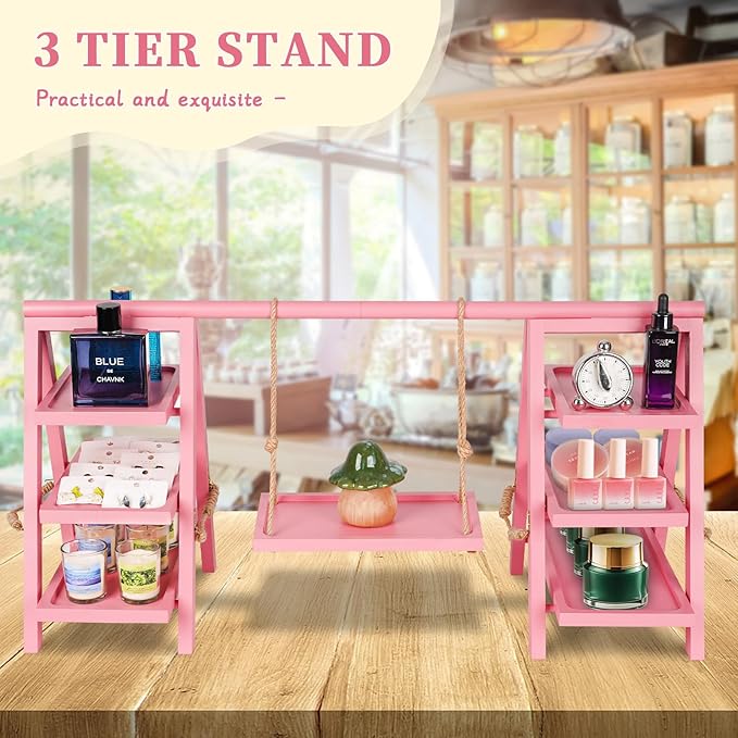 Wooden Cupcake Stand, 3 Tier Cupcake Display Stand for Dessert Display, Dessert Stands with Serving Tray and Foldable Stand for Party, Birthday, Wedding, Events, Baby Shower (Pink)